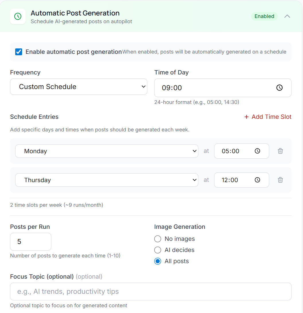 Auto-generation schedule settings